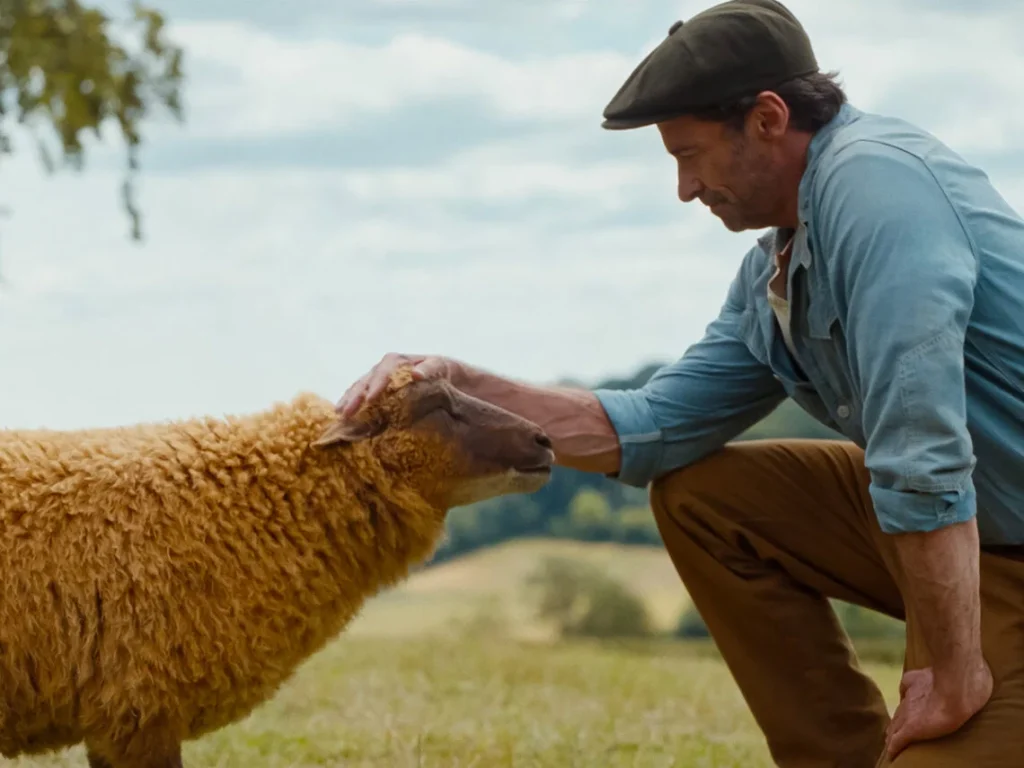 Farmer patting sheep's head.